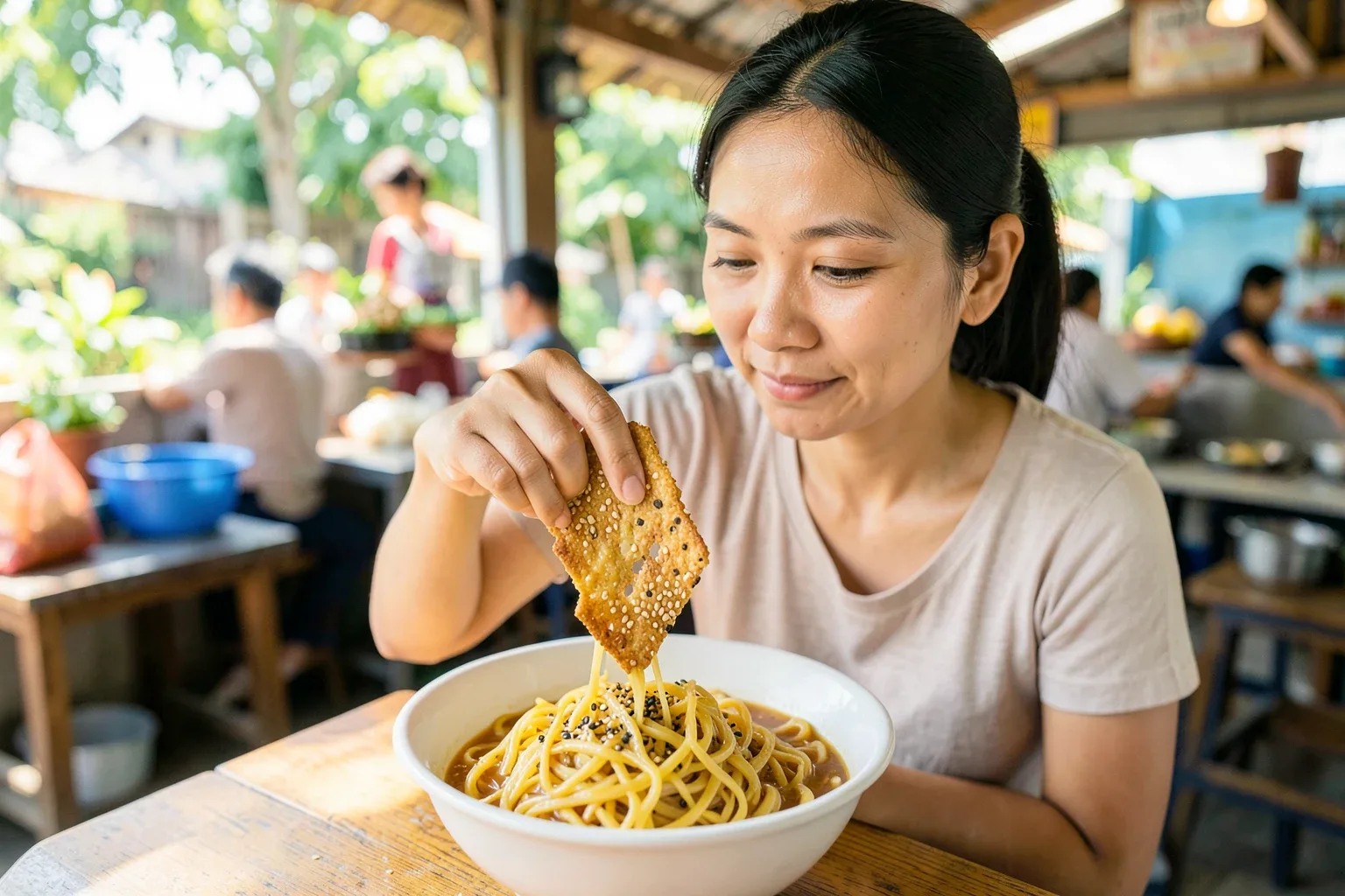 Ăn mì Quảng đúng kiểu người Quảng: nước nhân, bánh tráng và rau