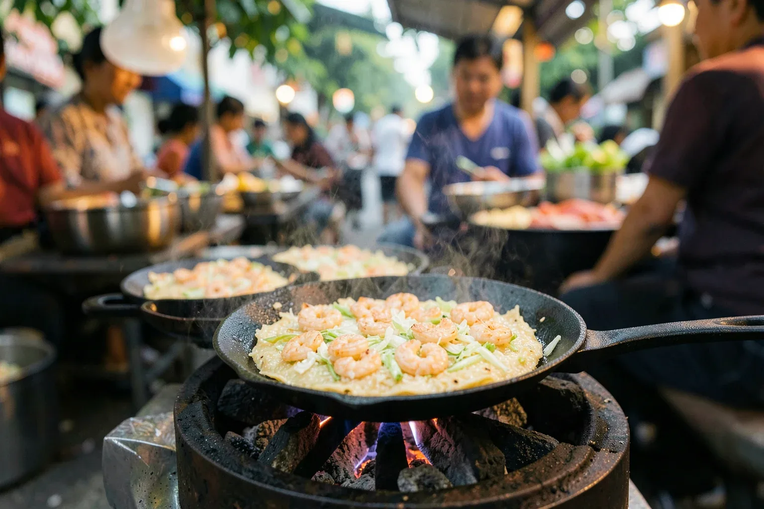 Bánh khoái tép Thanh Hóa: chảo gang, tép rang và mép bánh giòn