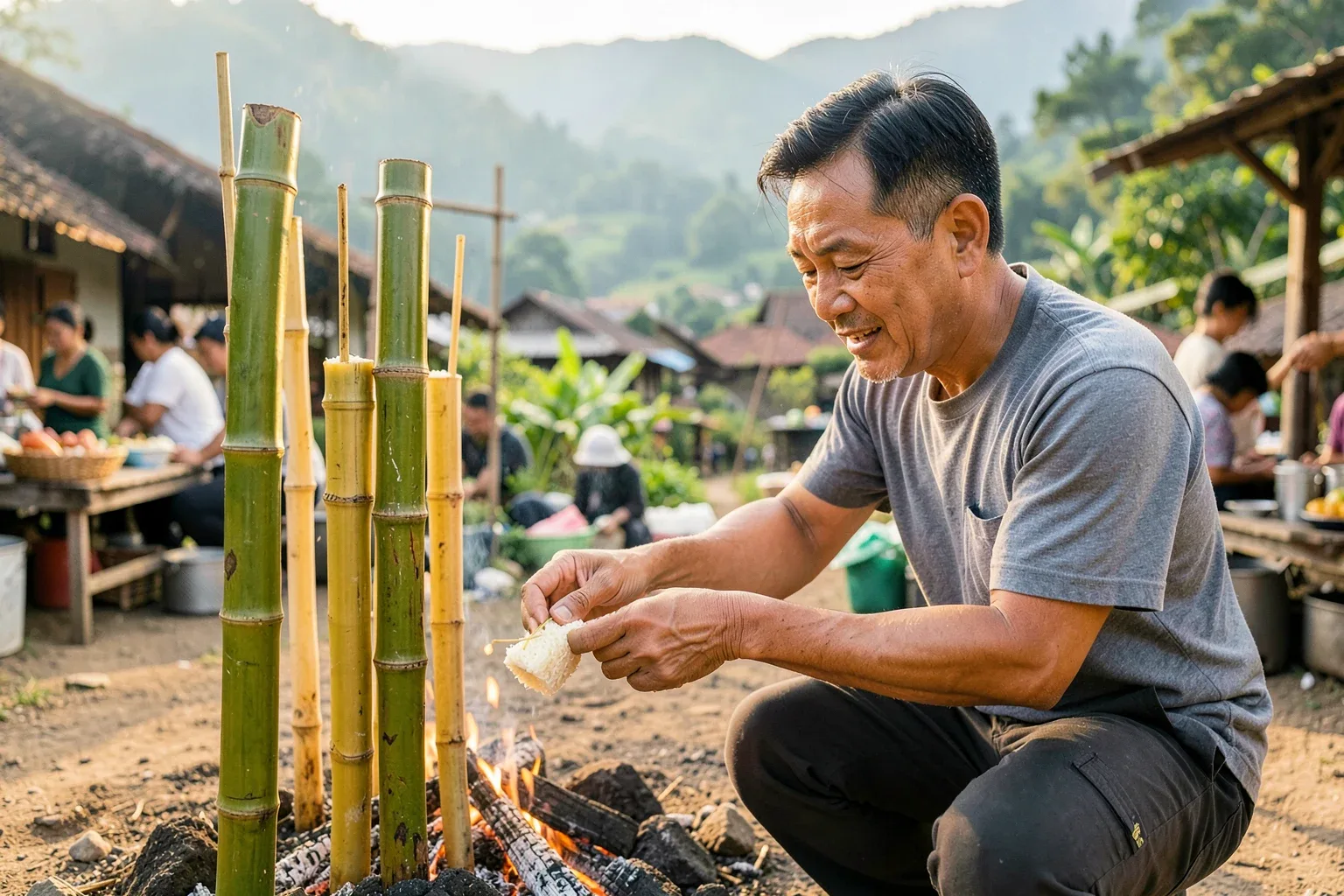 Cơm lam nếp nương Sơn La: chọn ống nứa, nướng lửa và chấm muối vừng