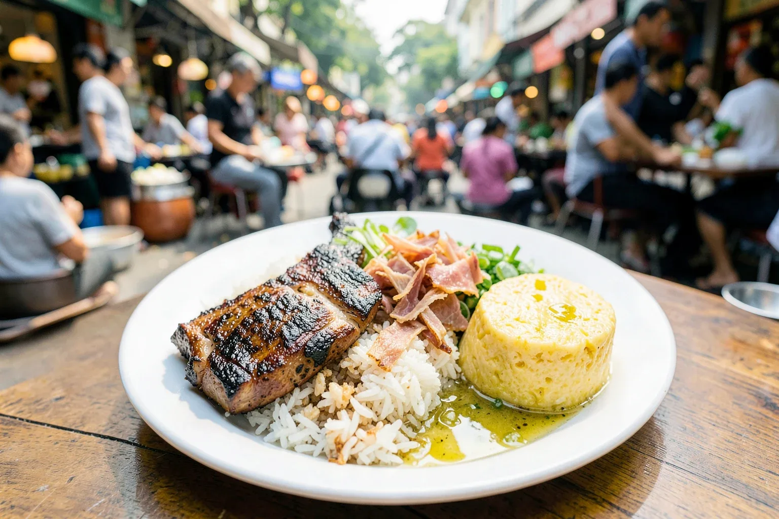 Cơm tấm Sài Gòn: sườn nướng, bì, chả trứng, mỡ hành và chén nước mắm đúng vị