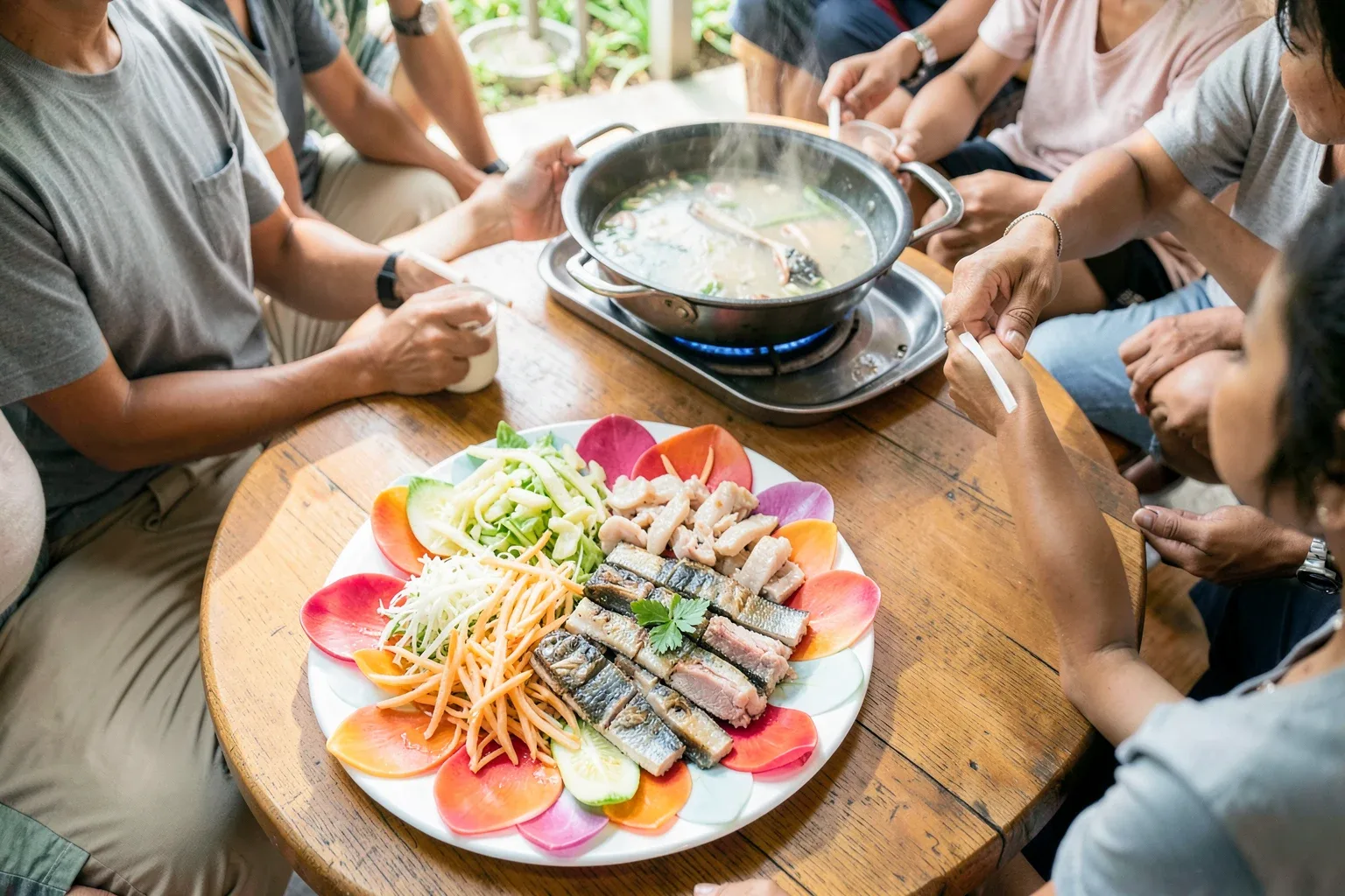 Lẩu thả Phan Thiết: mâm gỏi xếp hình hoa và cách thả vào nước lẩu