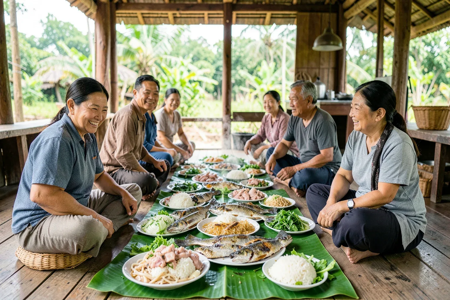 Mâm cỗ lá của người Mường Hòa Bình: món gì, bày ra sao, ngồi ăn thế nào